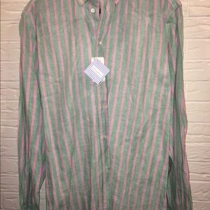 NWT Gian Paolo Button Down Linen Green/Pink Stripe Mens Dress Shirt Size L